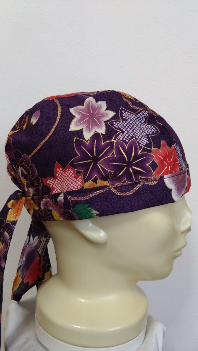 ★バンダナキャップ★ハンドメイド　和柄　花柄　牡丹　梅　まり　紫