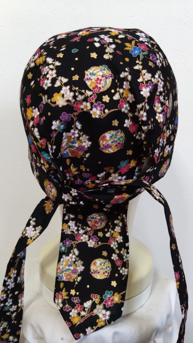 ★バンダナキャップ★ハンドメイド　和柄　花柄　桜　まり　黒