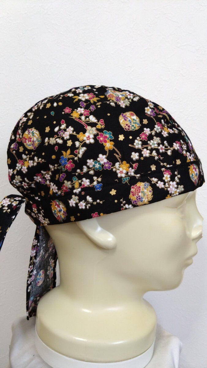 ★バンダナキャップ★ハンドメイド　和柄　花柄　桜　まり　黒