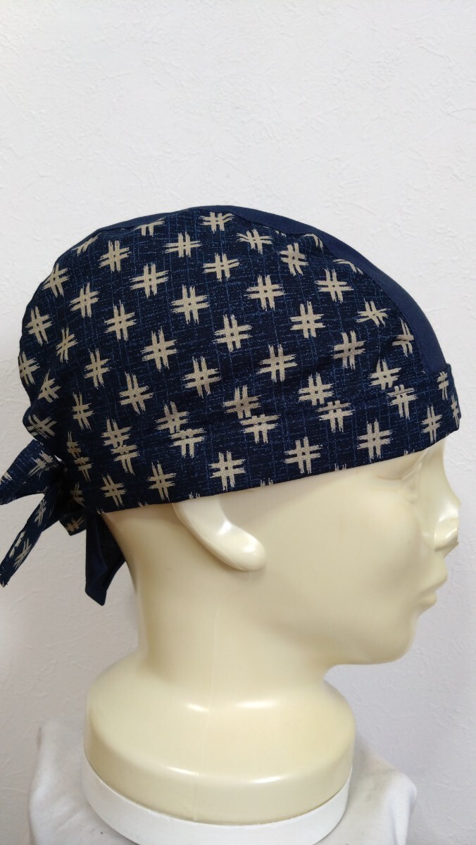 短★バンダナキャップ★ハンドメイド　和柄　井絣×無(wú)地??典　紺?