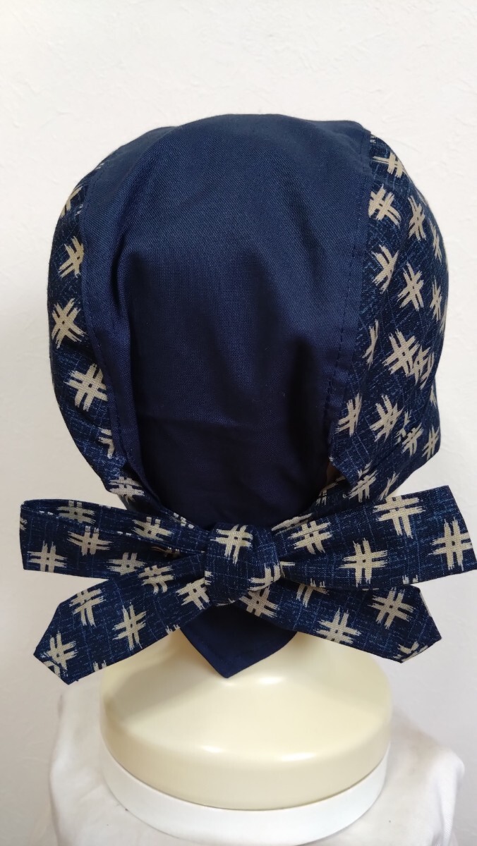 短★バンダナキャップ★ハンドメイド　和柄　井絣×無(wú)地??典　紺?