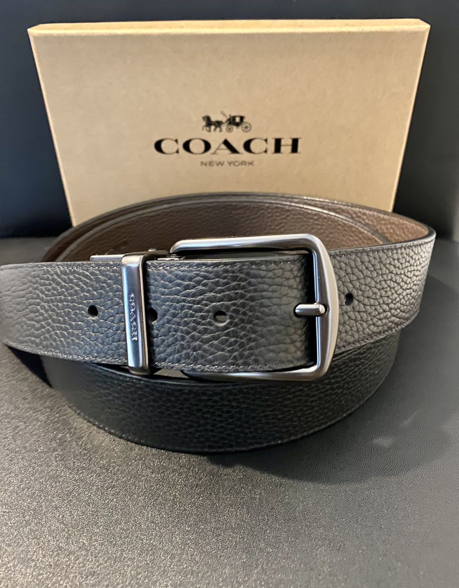 COACH リバーシブル メンズベルト コーチメンズ ブラックxブラウン　新品未使用　バックル回転　アウトレット　シンプルベルト