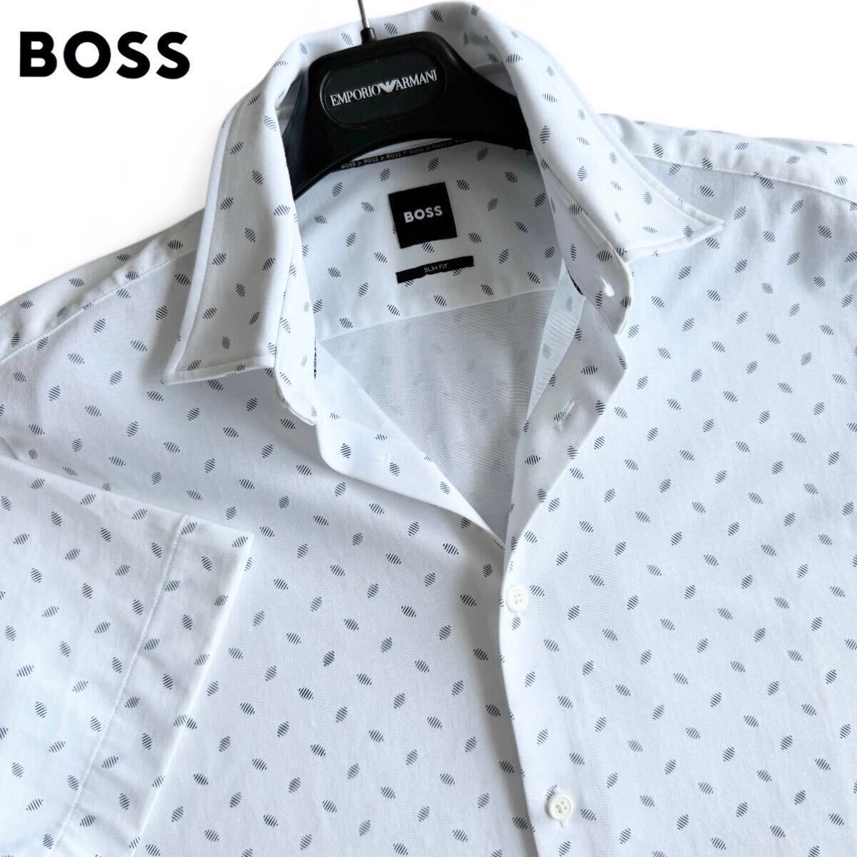 極美品/Lサイズ●現(xiàn)行モデル HUGO BOSS ヒューゴボス ジャージー素材 半袖シャツ ストレッチ 吸水速干 羽織り 幾何學模様 総柄 ホワイト 白