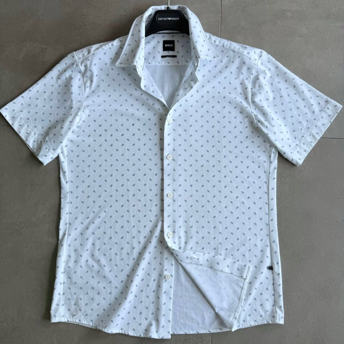 極美品/Lサイズ●現(xiàn)行モデル HUGO BOSS ヒューゴボス ジャージー素材 半袖シャツ ストレッチ 吸水速干 羽織り 幾何學模様 総柄 ホワイト 白