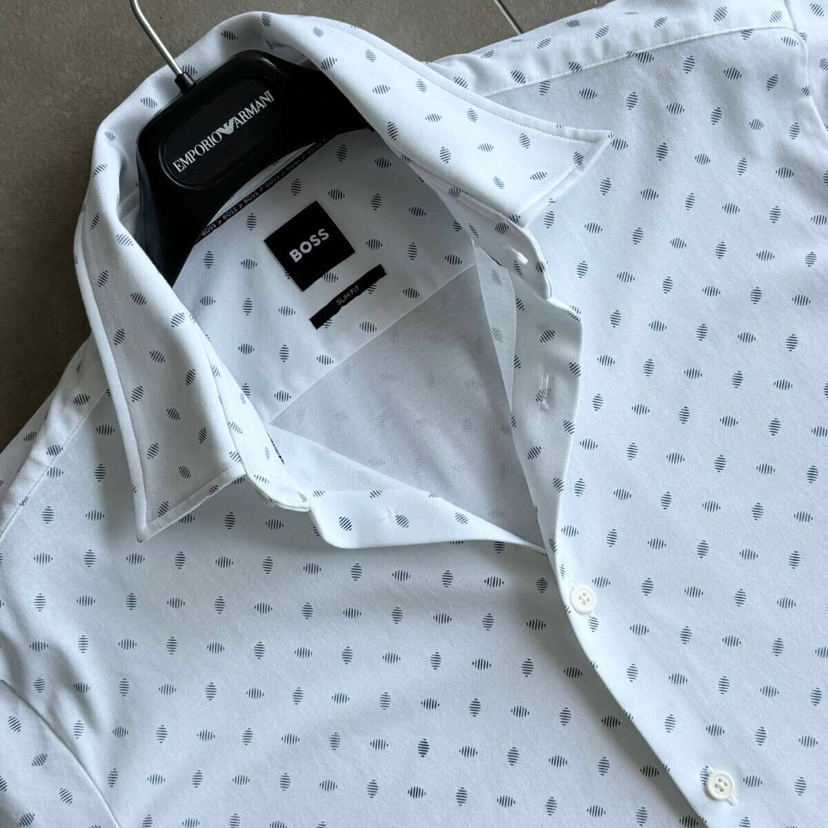 極美品/Lサイズ●現(xiàn)行モデル HUGO BOSS ヒューゴボス ジャージー素材 半袖シャツ ストレッチ 吸水速干 羽織り 幾何學模様 総柄 ホワイト 白