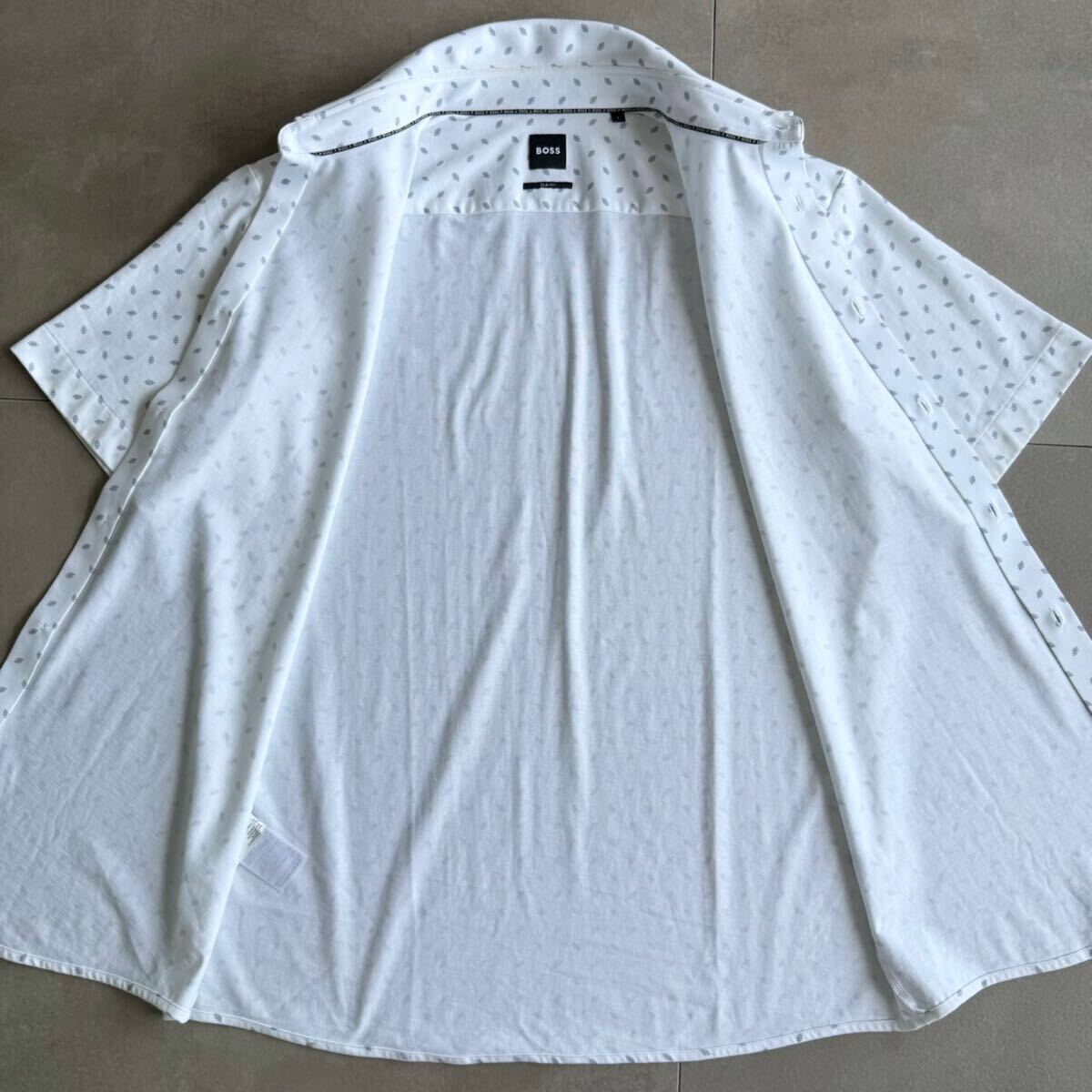 極美品/Lサイズ●現(xiàn)行モデル HUGO BOSS ヒューゴボス ジャージー素材 半袖シャツ ストレッチ 吸水速干 羽織り 幾何學模様 総柄 ホワイト 白