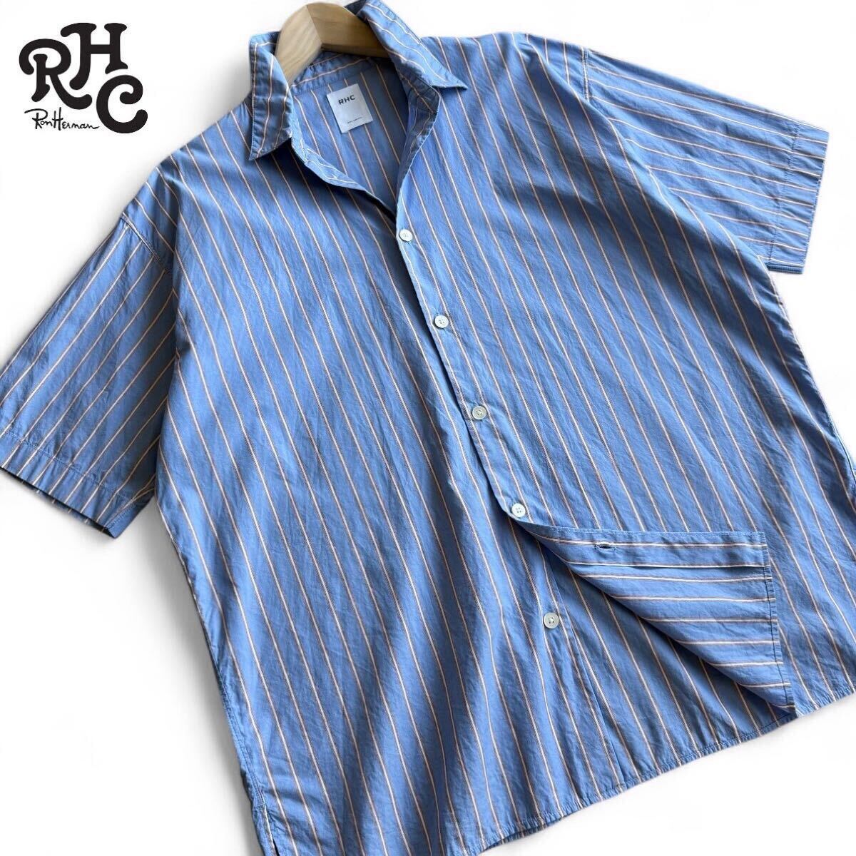 極美品/L相當(dāng)●ロンハーマン RHC『浜辺に映える爽やかさと品を纏う羽織り！』半袖 オーバーサイズシャツ ストライプ ブルー 夏 RonHerman