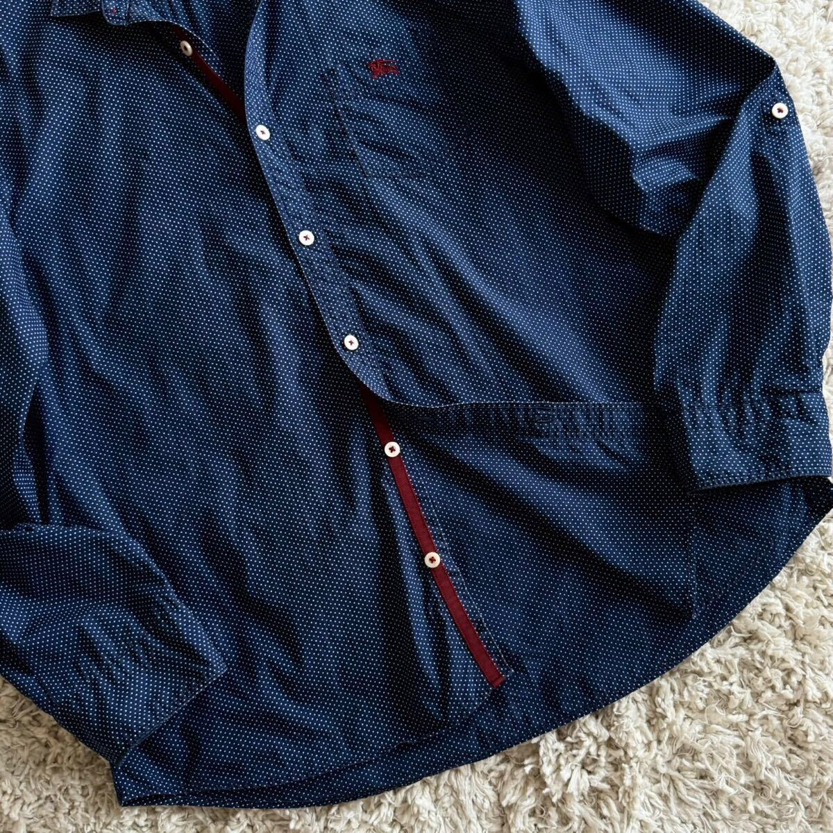 激レア特大4(XL)/極美品●バーバリーブラックレーベル ホース刺繍 ドット柄 長袖シャツ ドレス 羽織り ネイビー 紺 BURBERRY BLACK LABEL