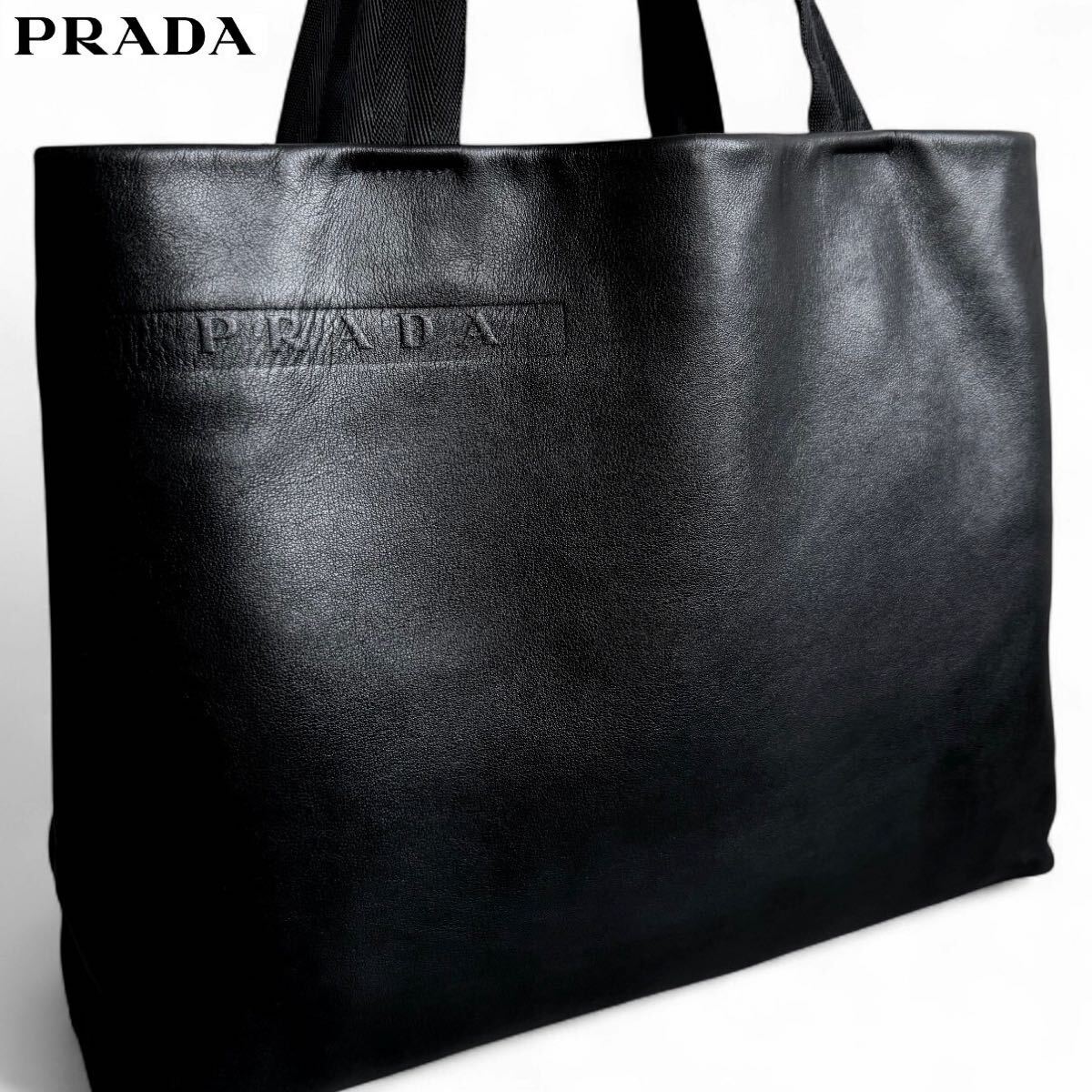極美品/A4可●PRADA プラダ メンズ トートバッグ ビジネス ハンドバッグ 肩掛け 大容量 書(shū)類(lèi)鞄 オールレザー 本革 ロゴ型押し ブラック 黒