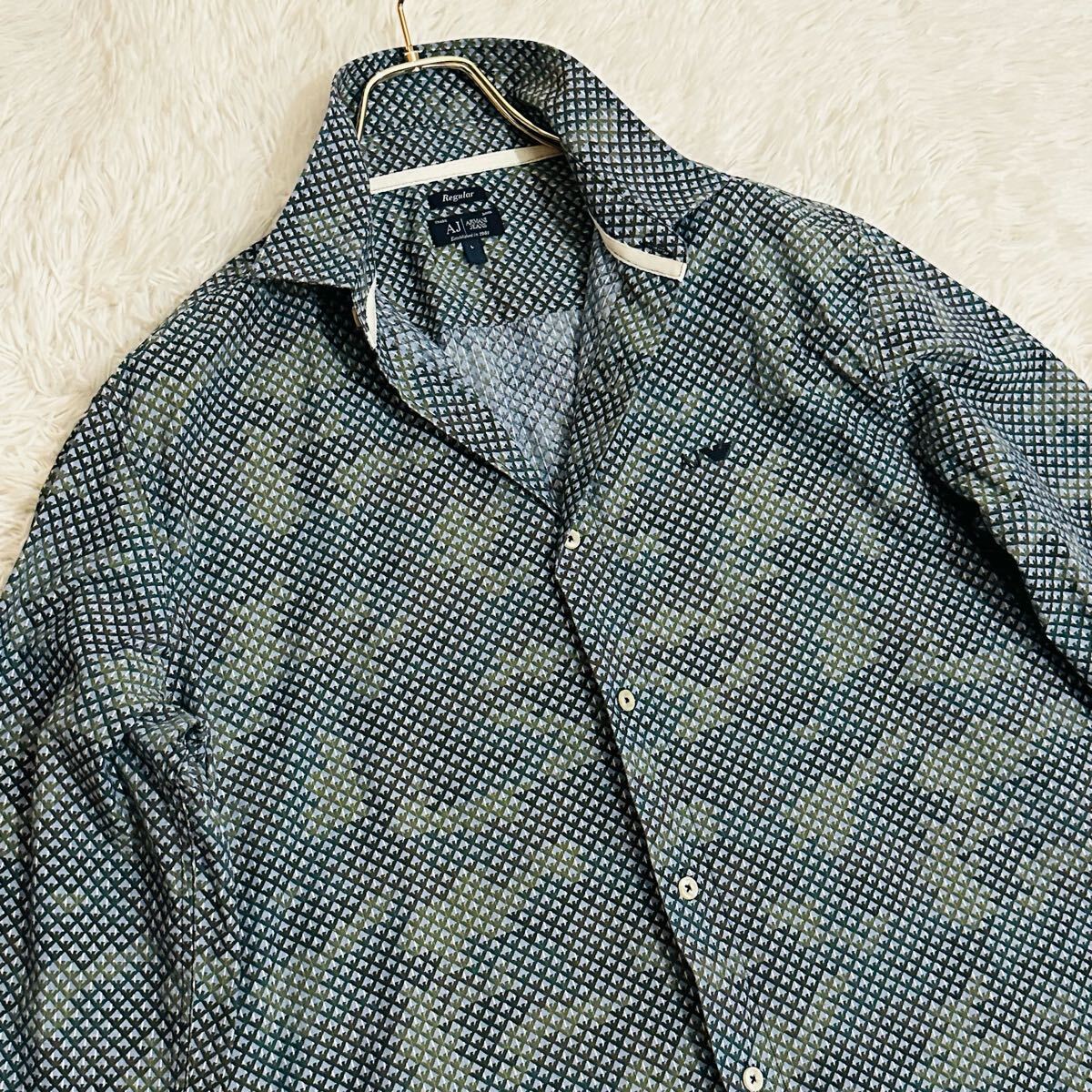 極美品! XL相當 ジョルジオアルマーニジャパン イーグルロゴ 幾何學 総柄 シャツ 長袖 羽織り トップス 刺繍 コットン メンズ ARMANI JEANS