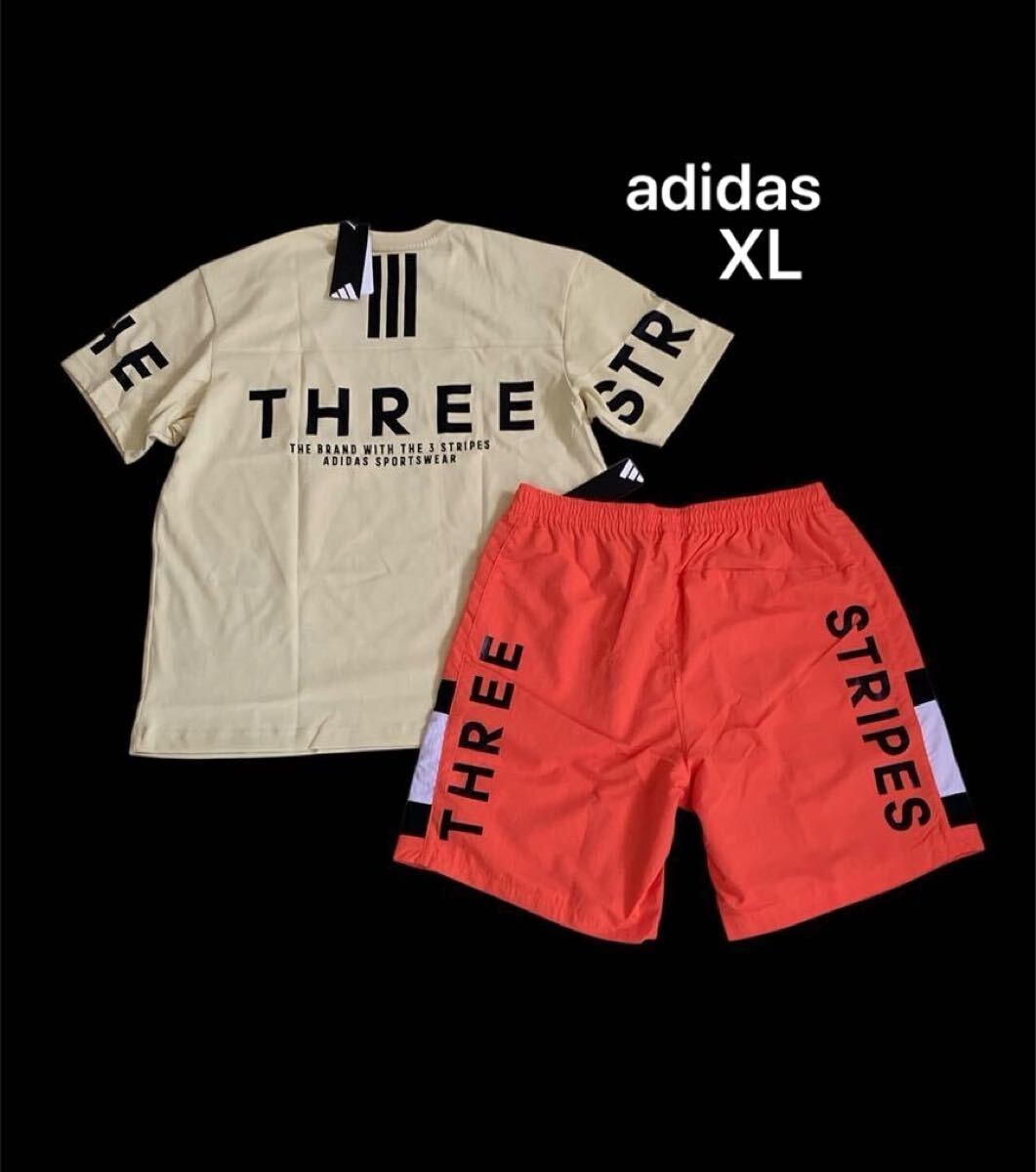 新品 正規(guī)品【adidas/アディダス】3ストライプス◆XL◆イエロー オレンジ◆Tシャツ&ショートパンツセット◆ ゆるめ 上下セット