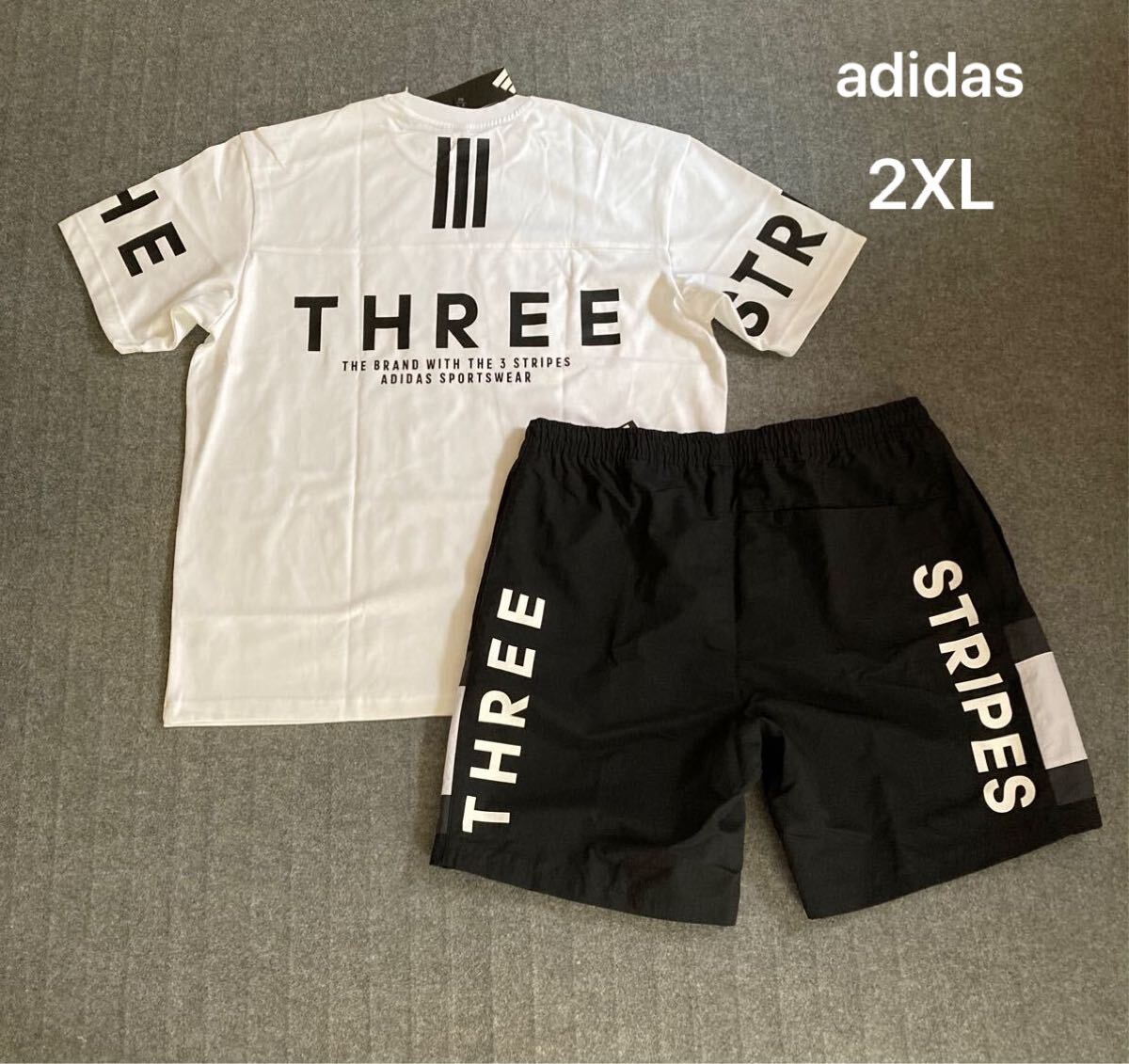 新品 正規(guī)品【adidas/アディダス】3ストライプス◆2XL◆ホワイト ブラック◆Tシャツ&ショートパンツセット ゆるめ セットアップ