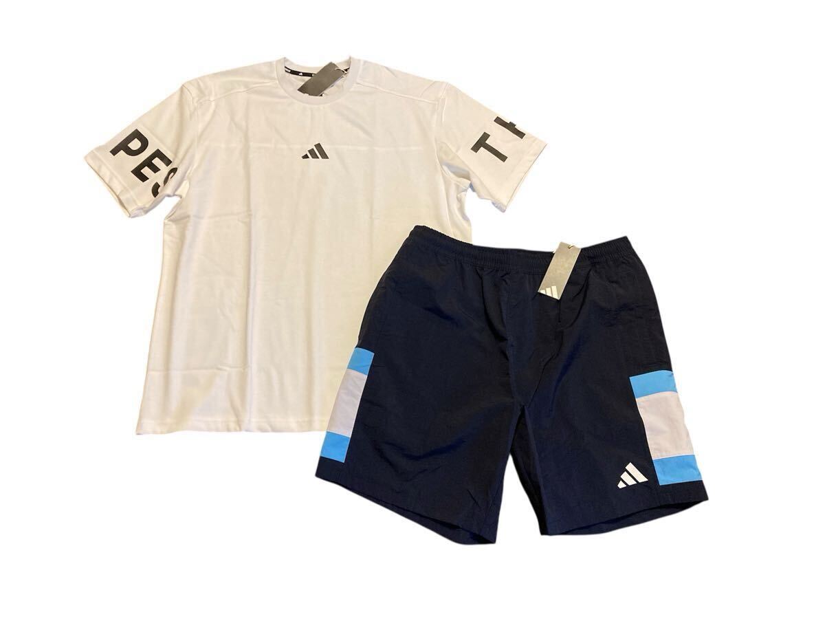 新品 正規(guī)品【adidas/アディダス】3ストライプス◆2XL◆ホワイト ネイビー◇白 紺◆Tシャツ&ショートパンツセット セットアップ ゆるめ