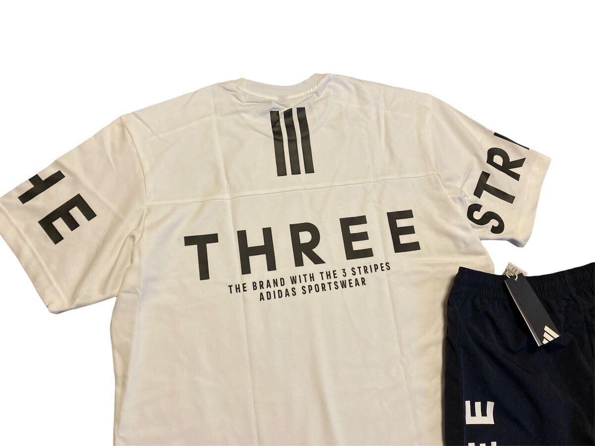 新品 正規(guī)品【adidas/アディダス】3ストライプス◆2XL◆ホワイト ネイビー◇白 紺◆Tシャツ&ショートパンツセット セットアップ ゆるめ