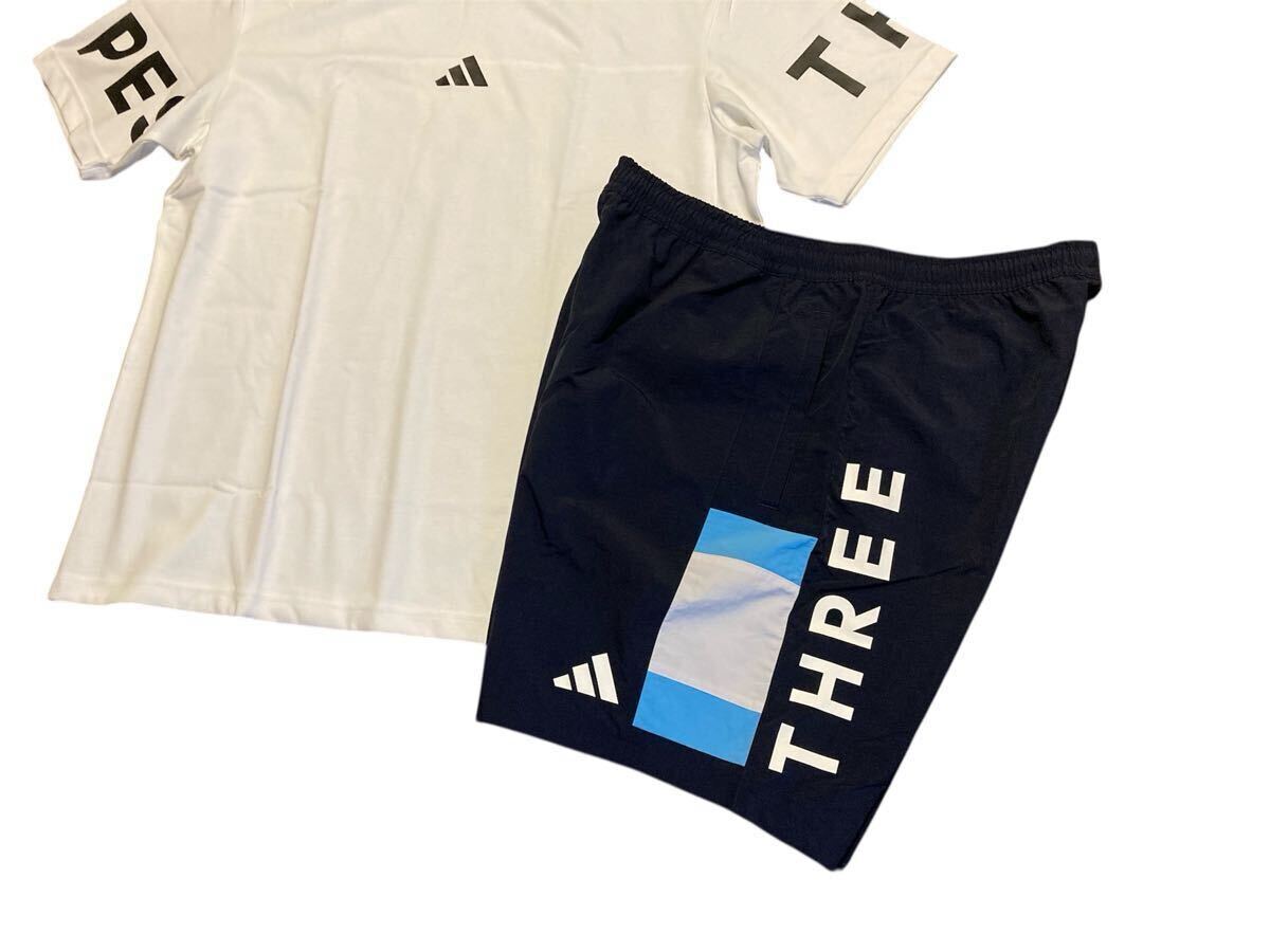 新品 正規(guī)品【adidas/アディダス】3ストライプス◆2XL◆ホワイト ネイビー◇白 紺◆Tシャツ&ショートパンツセット セットアップ ゆるめ