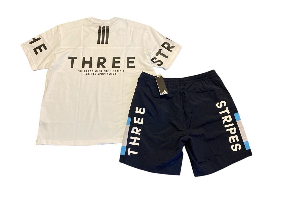 新品 正規(guī)品【adidas/アディダス】3ストライプス◆2XL◆ホワイト ネイビー◇白 紺◆Tシャツ&ショートパンツセット セットアップ ゆるめ
