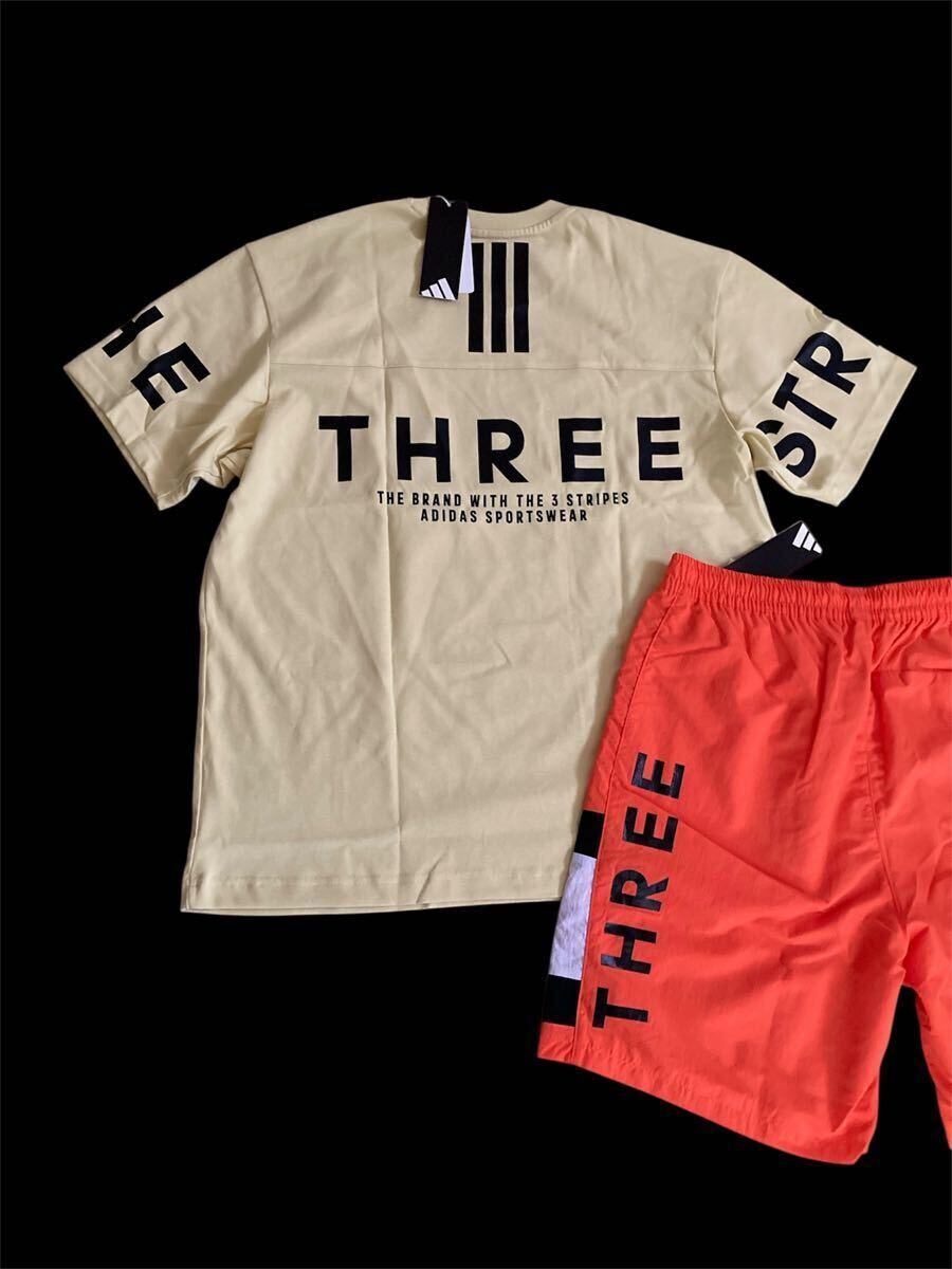新品 正規(guī)品【adidas/アディダス】3ストライプス◆XL◆イエロー オレンジ◆Tシャツ&ショートパンツセット◆ ゆるめ 上下セット