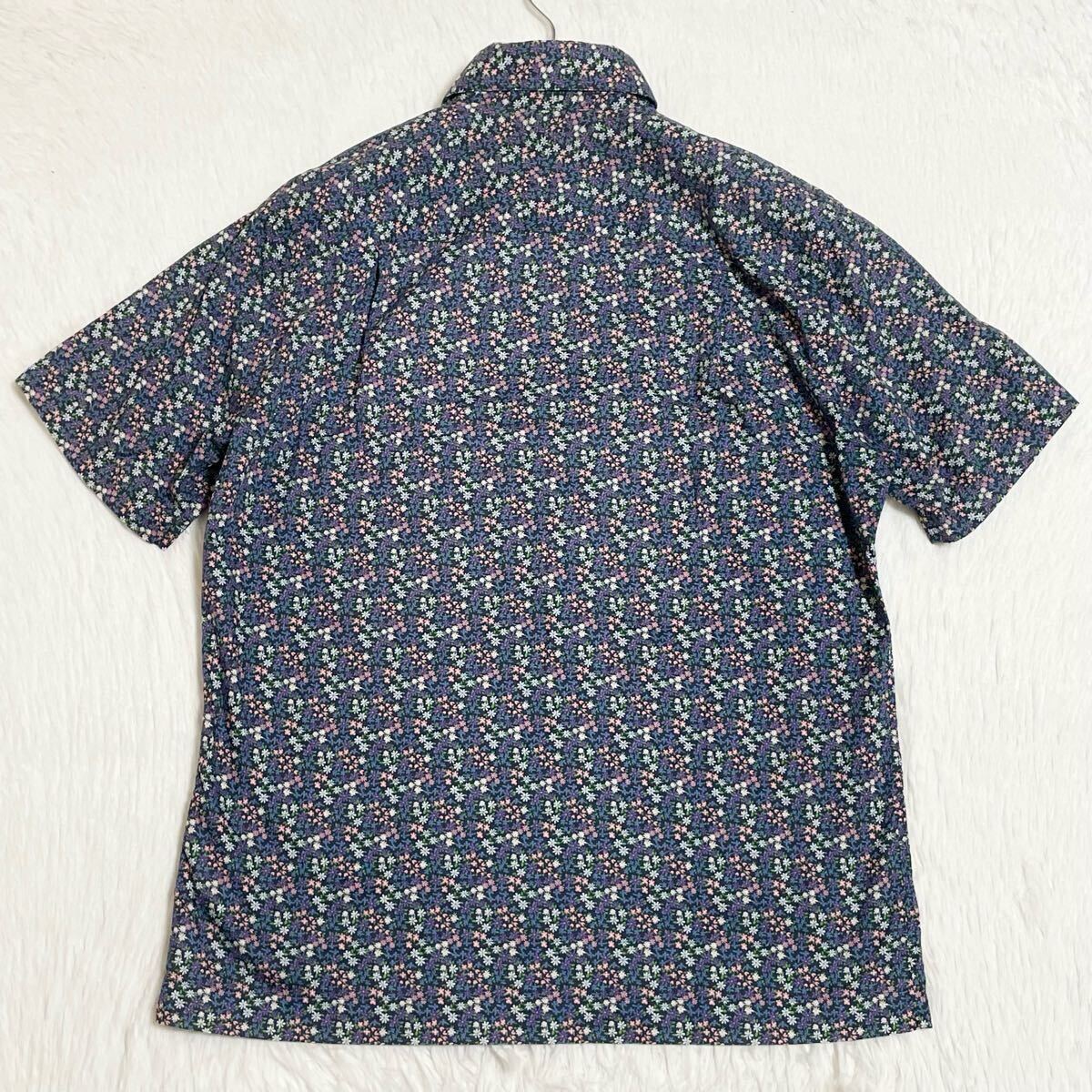 極美品★ ポールスミスロンドン Paul Smith LONDON 半袖シャツ 花柄 総柄 ブルー 青 アロハシャツ コットン 春夏 メンズ Mサイズ 4719