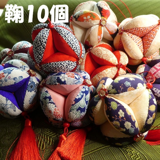 古布 正絹 七宝鞠 五段 吊り飾り モビール 桜 自然木