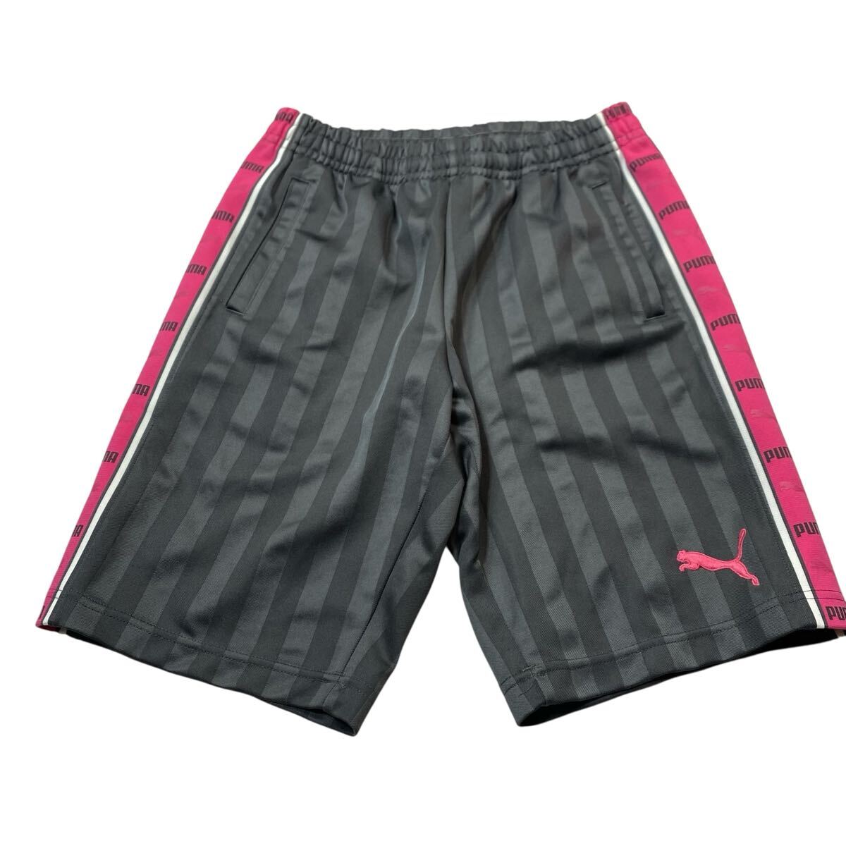 TR0618 PUMA プーマ ジャージ ショートパンツ ハーフパンツ スポーツウェア　トレーニング　日本制　ウエストイージー　グレー×ピンク　S