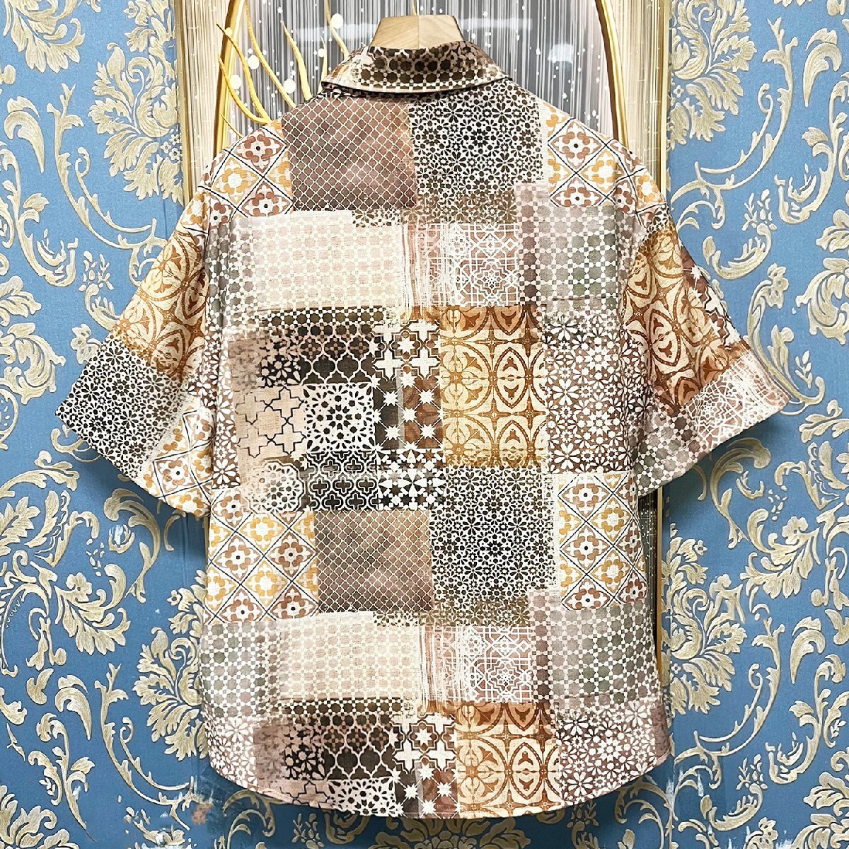 定価2萬★christian milada?ミラノ発?半袖 シャツ★リネン混 個性 薄手 総柄 パッチワーク カラフル アロハシャツ ビーチ 夏服 L/48