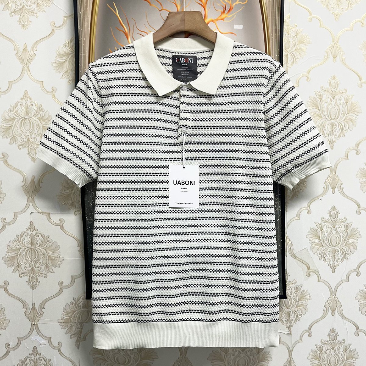 高級(jí)EU制＆定価3萬(wàn)◆UABONI*Paris*半袖 ポロシャツ*ユアボニ*パリ発◆ウール混 上品 柔らか 通気 総柄 ビジネス ゴルフ ニット 夏 L/48