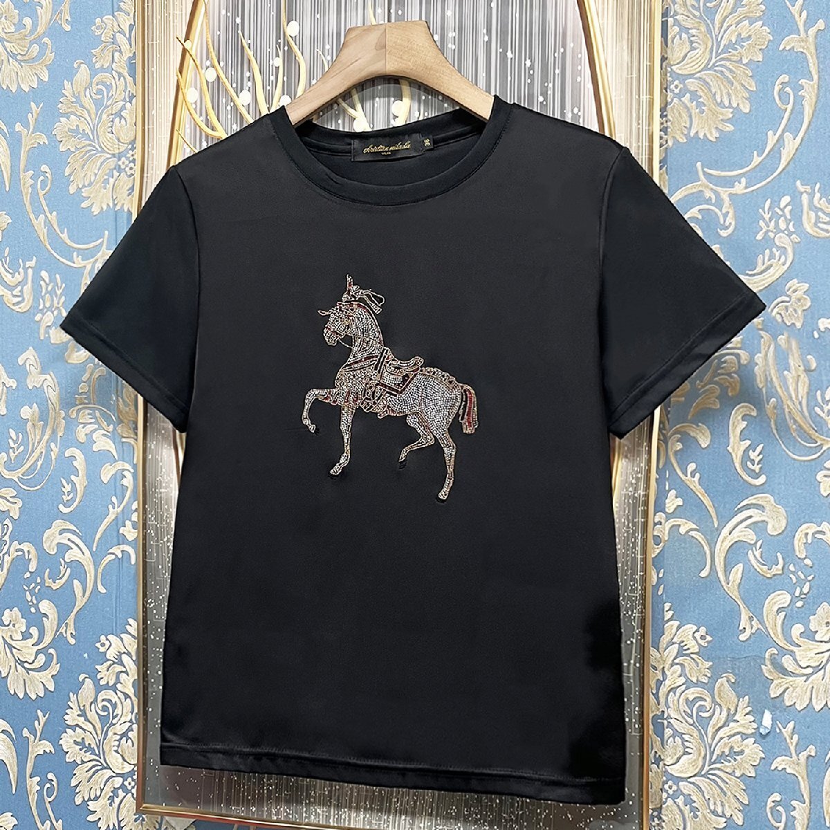定価2萬★christian milada?ミラノ発?半袖Tシャツ★シルク混 柔らか 薄手 キラキラ ホース柄 ラインストーン 著痩せ レデイーズ M/36