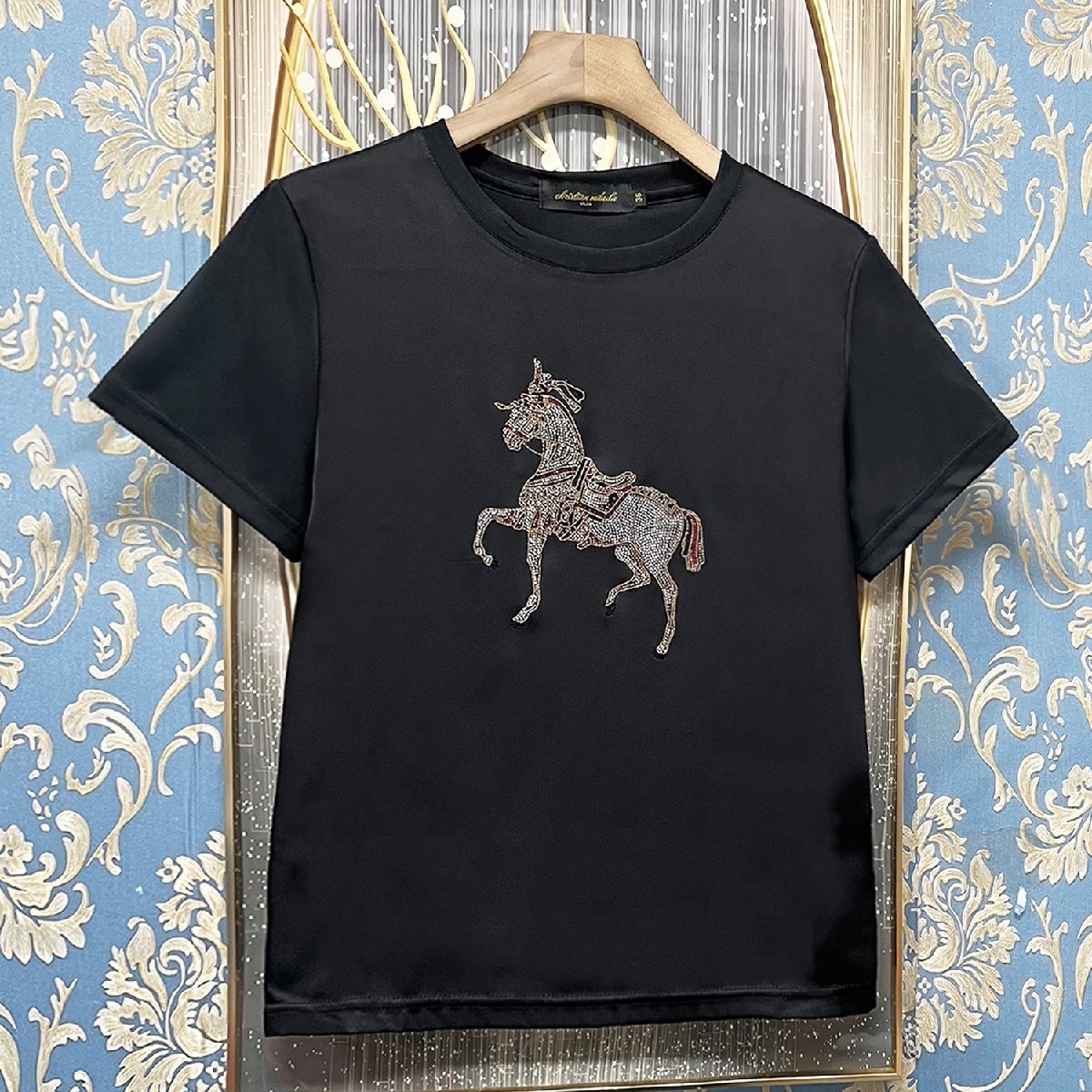 定価2萬★christian milada?ミラノ発?半袖Tシャツ★シルク混 柔らか 薄手 キラキラ ホース柄 ラインストーン 著痩せ レデイーズ M/36