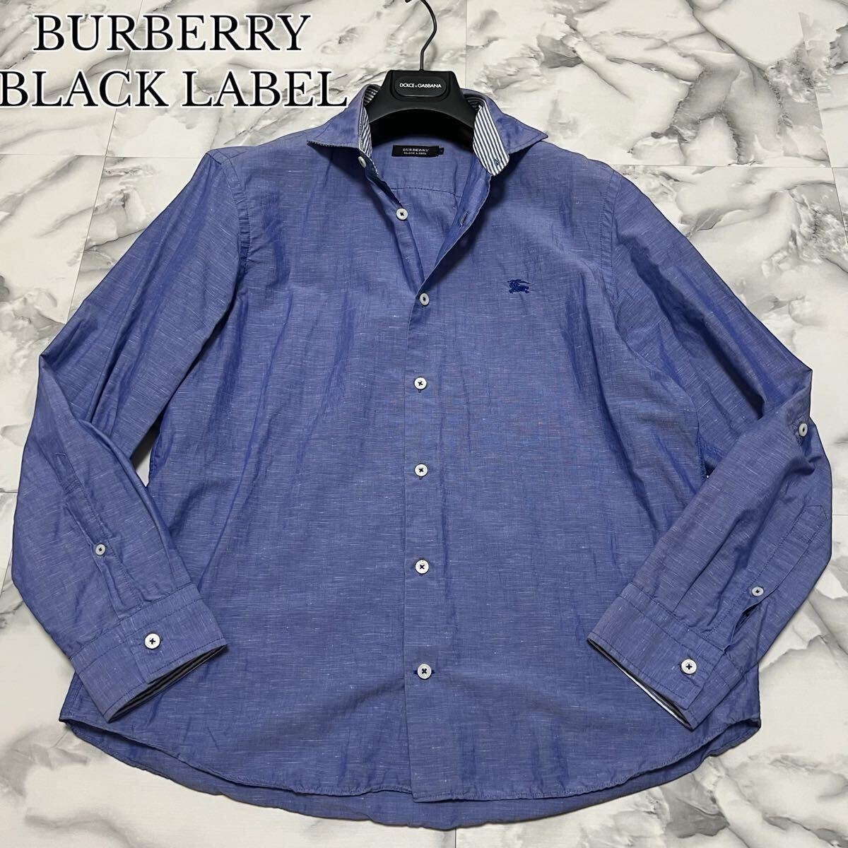 極美品●希少LL!バーバリーブラックレーベル リネン シャツ BURBERRY BLACK LABEL ホースマーク 刺繍 ロールアップ ロゴボタン XL ブルー　