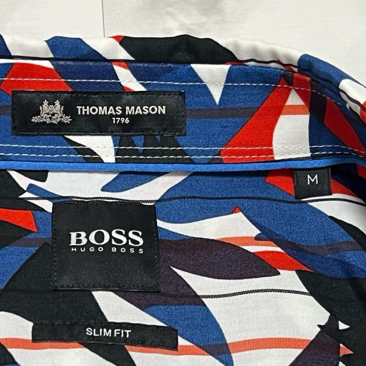 未使用級(jí)●希少L! ヒューゴボス HUGO BOSS アロハシャツ ストライプ Thomas Mason 総柄 花柄 フラワー 半袖 羽織り ロゴタグ マルチカラー