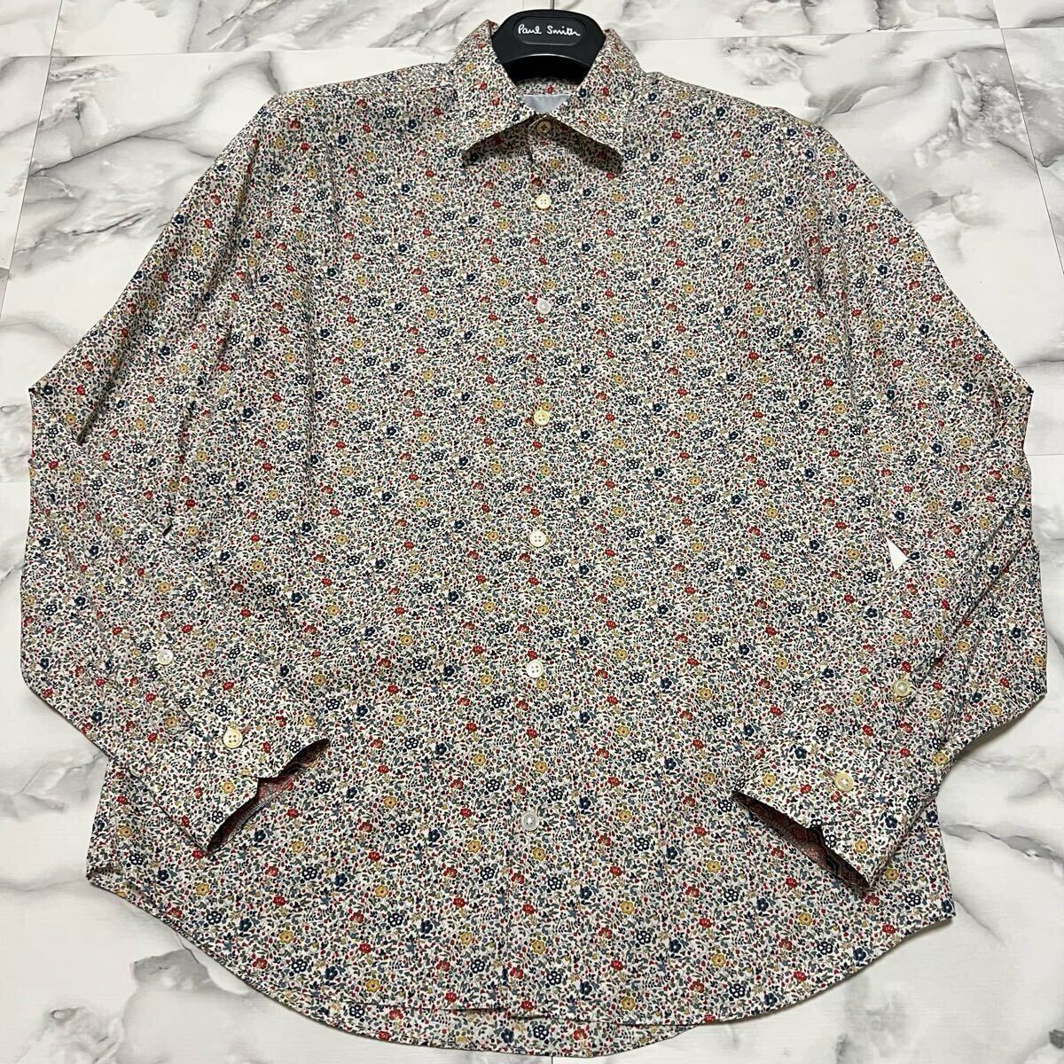 未使用級●希少L!ポールスミス 花柄 リバティ ドレスシャツ Paul Smith 総柄 フラワー シェルボタン 羽織り ペイズリー 現(xiàn)行 マルチカラー