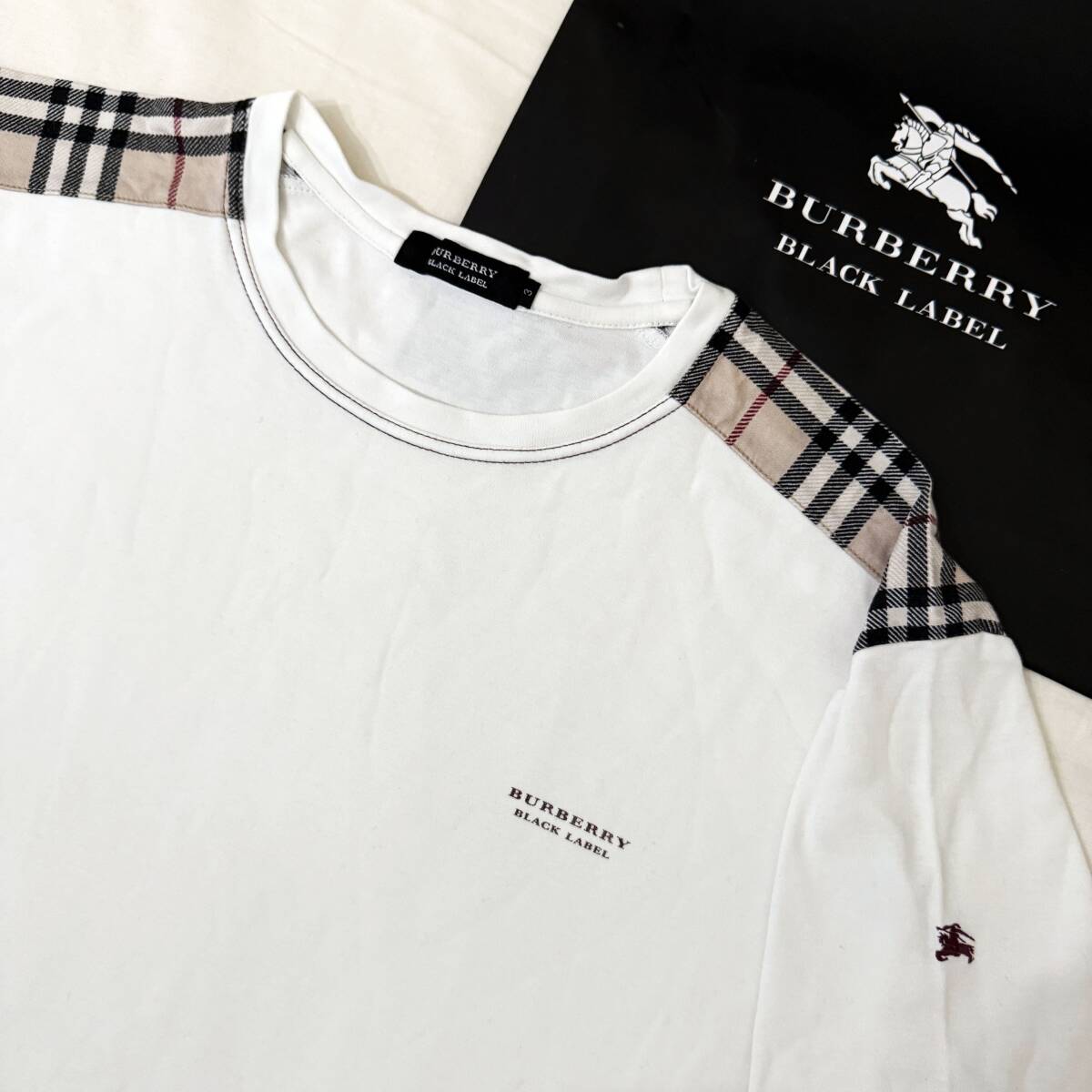  редкость BURBERRY BLACK LABEL Burberry Black Label вырез лодочкой футболка плечо noba проверка шланг вышивка белый 3(L) сделано в Японии #3106
