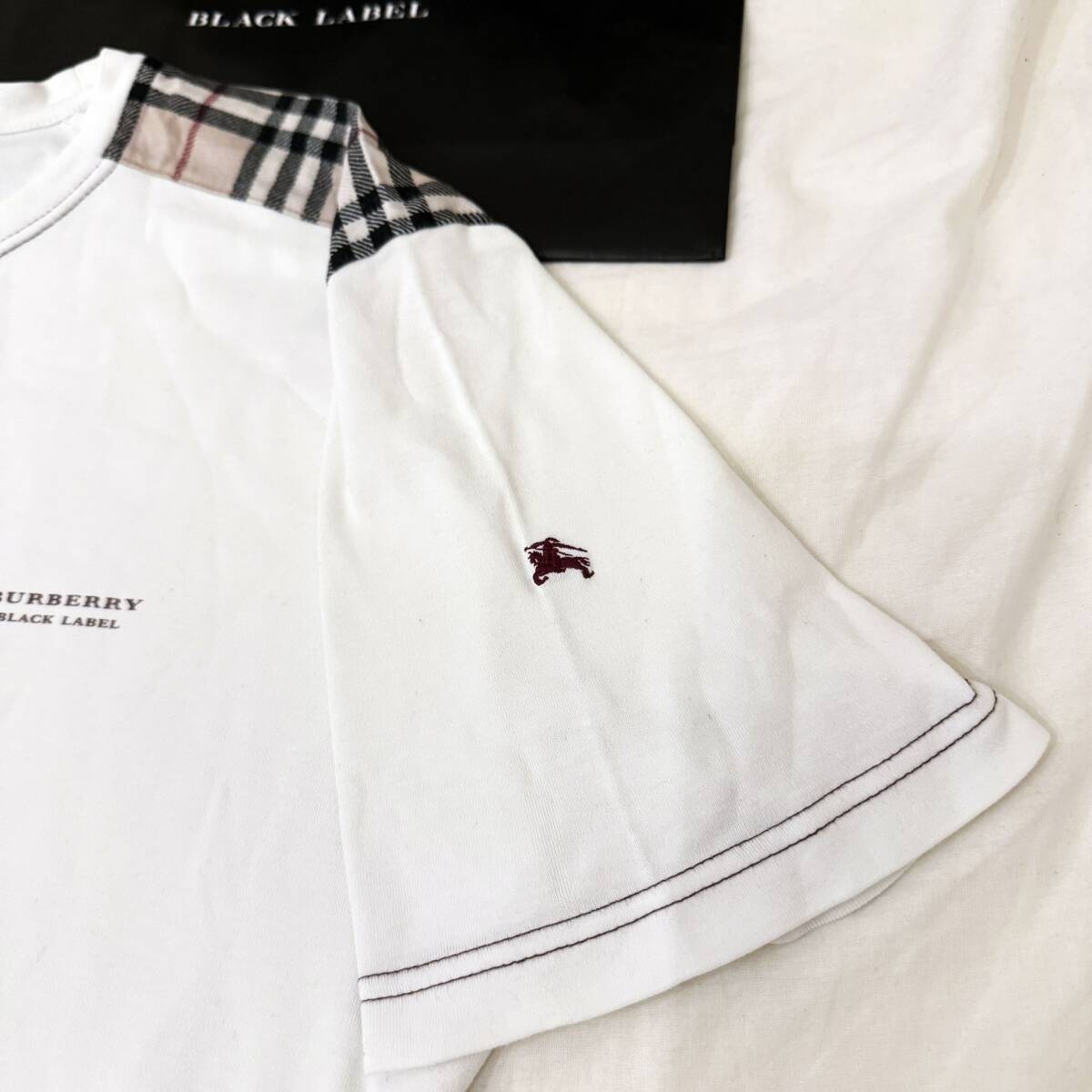  редкость BURBERRY BLACK LABEL Burberry Black Label вырез лодочкой футболка плечо noba проверка шланг вышивка белый 3(L) сделано в Японии #3106