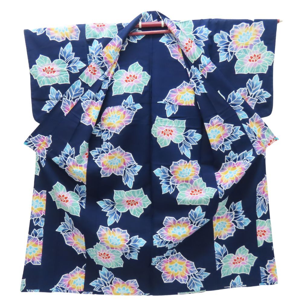 中古 浴衣 綿 ネイビー マルチカラー モダン おしゃれ 和裝 呉服 和服 きもの レディース 女性