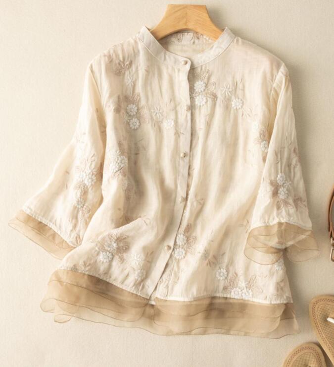  人気 新品ブラウス レディース 七分袖シャツ 綿麻シャツ チュニック 刺繍 上品トップス オシャレ 開襟 きれいめ 通気性Ｍ～ＸＸＬ