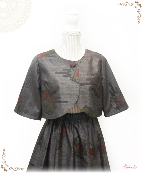 【大島紬】セパレートドレス★フレアースカートとボレロの上下セット(グレー系に花模様）著物リメイク*シルク*絹100 tsu972