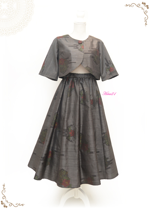 【大島紬】セパレートドレス★フレアースカートとボレロの上下セット(グレー系に花模様）著物リメイク*シルク*絹100 tsu972