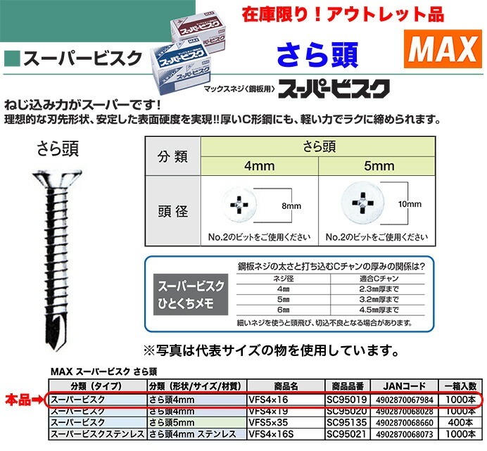 【在庫限り！アウトレット品】 〈MAX〉スーパービスク さら頭4mm VFS4×16 〔1箱?1000本入り〕 【オススメ】