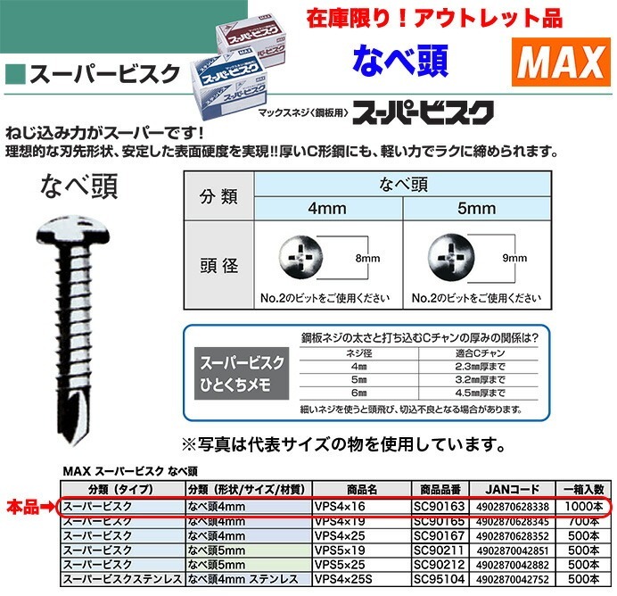 【在庫限り！アウトレット品】 〈MAX〉スーパービスク なべ頭4mm VPS4×16 〔1箱?1000本入り〕 【オススメ】