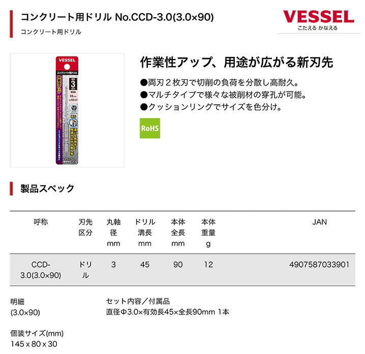 〈ベッセル〉コンクリート用ドリル　CCD-3.0 【オススメ】