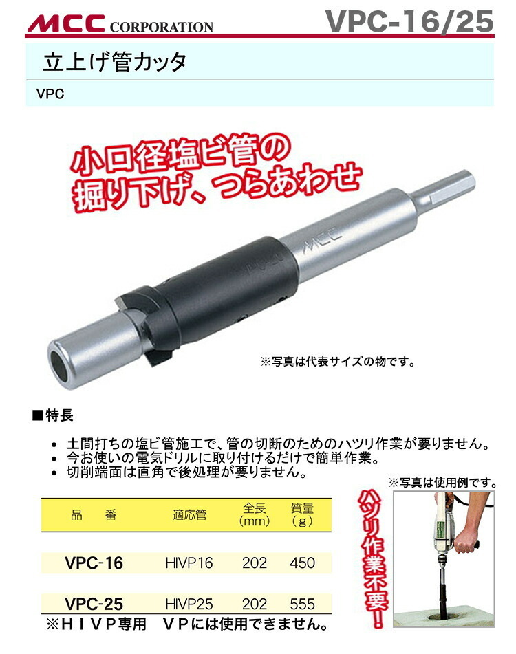 新著商品 〈MCC〉立上げ管カッタ25　VPC-25