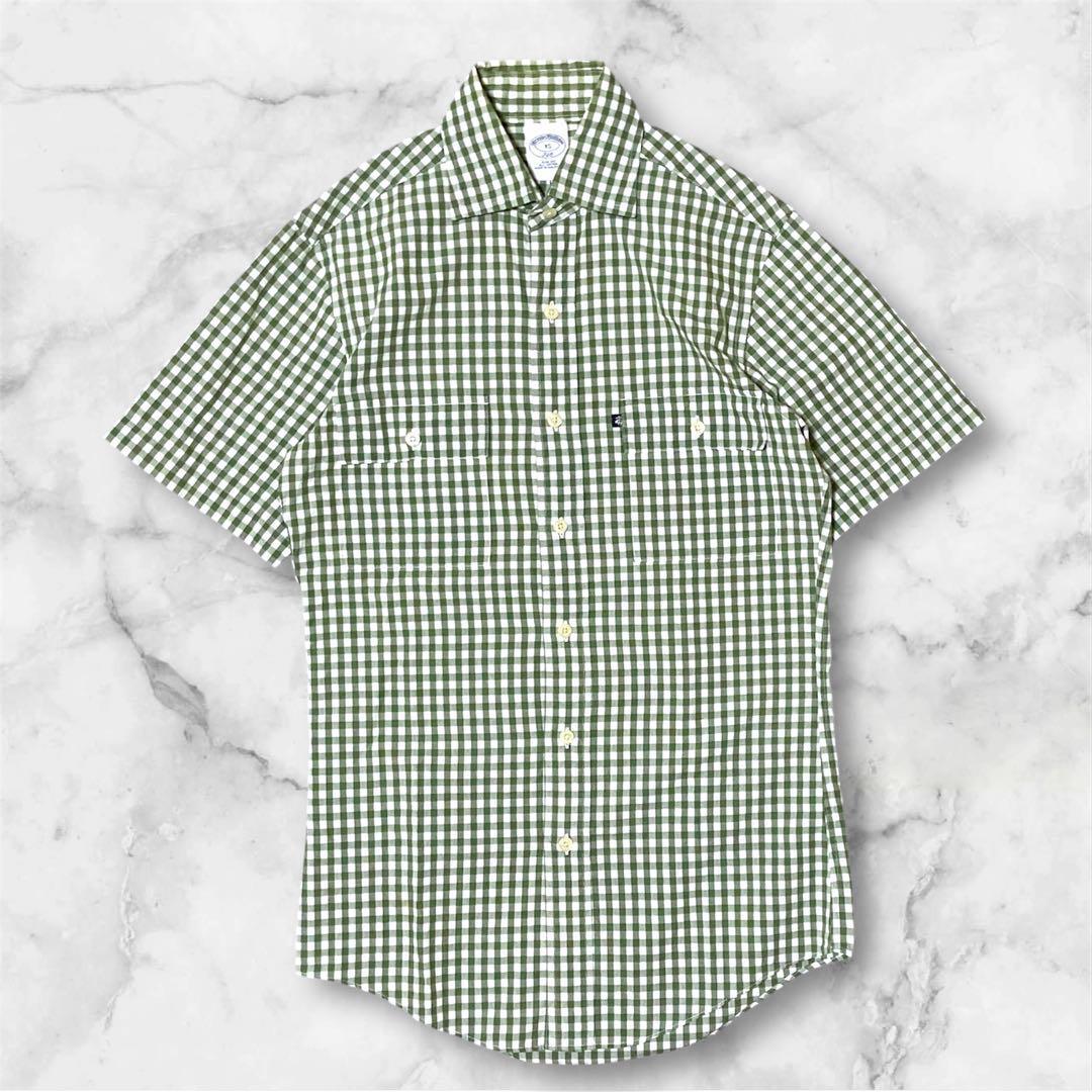 【人気】Brooks Brothers 346 SLIM FIT 半袖シャツ ブルックスブラザーズ ギンガムチェック 胸ポケット XS グリーン オフィスカジュアル