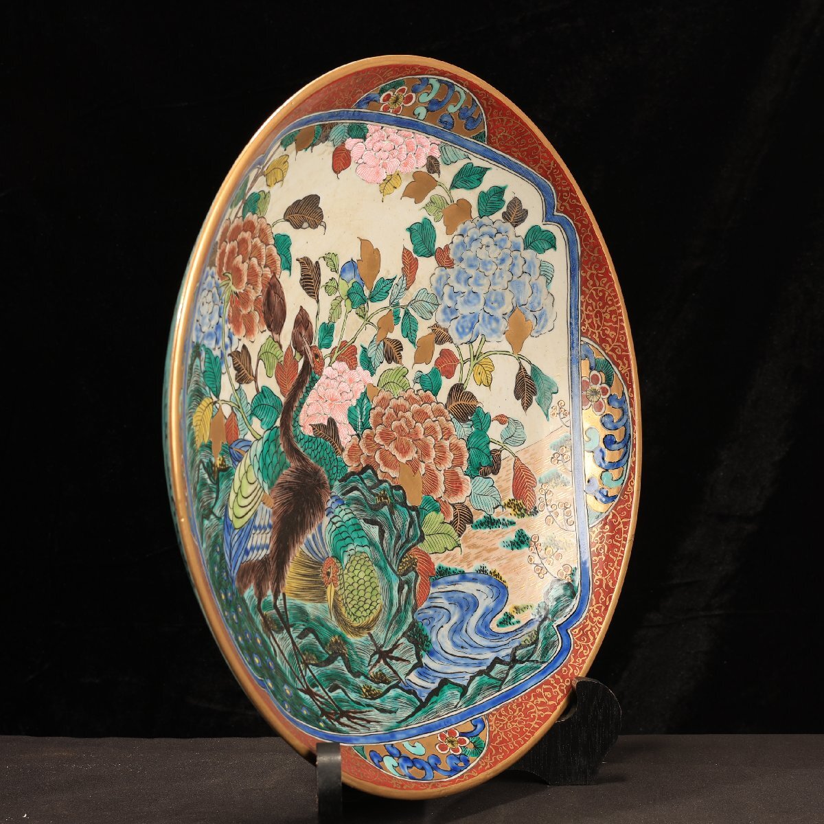 珍品堂】1円から E019-J06 九谷焼 九谷庄三 飾皿 色絵 孔雀 牡丹