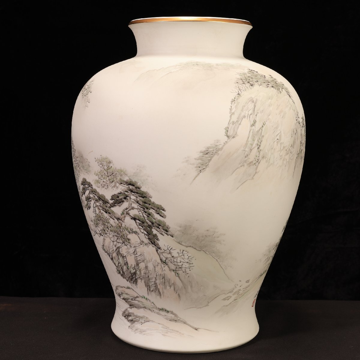 珍品堂】1円から D076 深川製磁 山水墨絵 花瓶 壺 在銘有 共箱