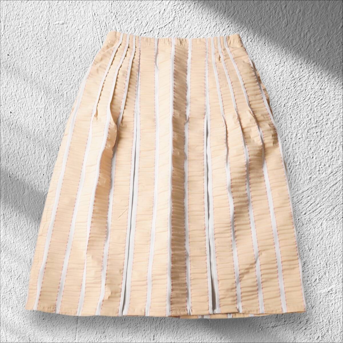 100円＠H396＠ HIROKO BIS ヒロコビス ストライプ プリーツ スカート Mサイズ 夏 イエロー レディース 上品 美品 涼しい 