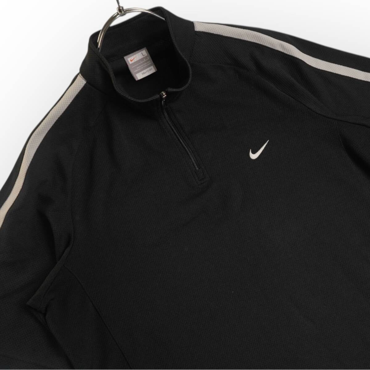 100円＠H662@ NIKE ナイキ メンズ ハーフジップ スポーツ Tシャツ ドライ素材 スウッシュロゴ入り ブラック トレーニングウェア Lサイズ