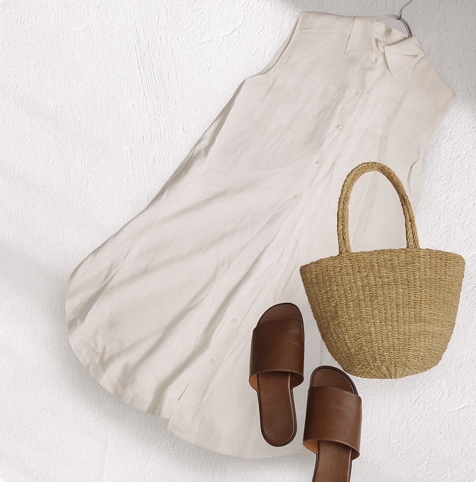 100円＠H443@H&M ロング丈 リネン シャツワンピース ノースリーブ 白 シルエット 裾ラウンドカット 胸ポケット付き シンプル