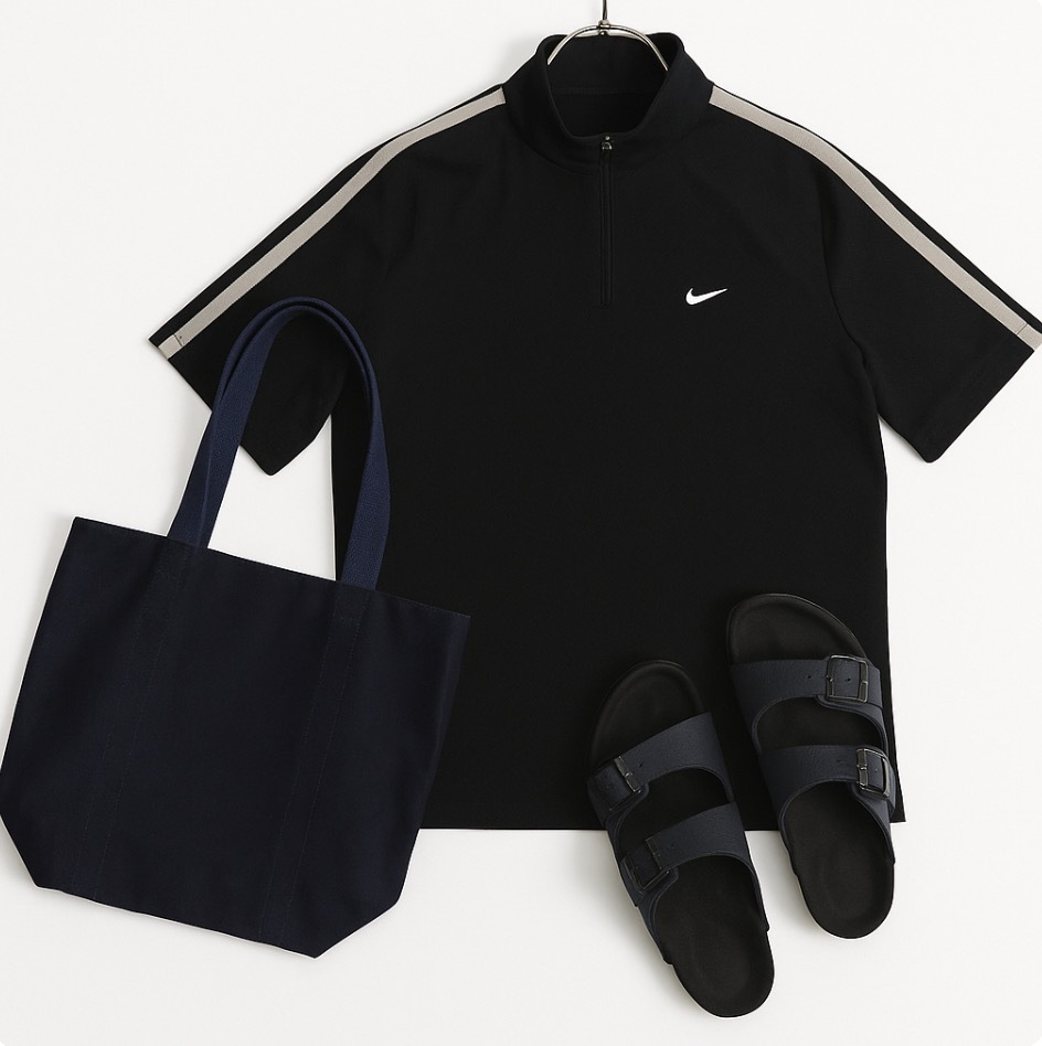 100円＠H662@ NIKE ナイキ メンズ ハーフジップ スポーツ Tシャツ ドライ素材 スウッシュロゴ入り ブラック トレーニングウェア Lサイズ