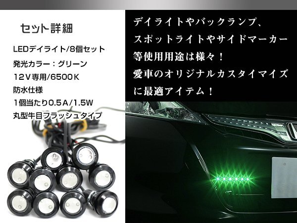 メール便 12V 超小型 丸型 牛目 LED 18mm スポットライト グリーン/緑 フラッシュ 防水仕様！ブラックボディ イーグルアイ 10個(gè)セット