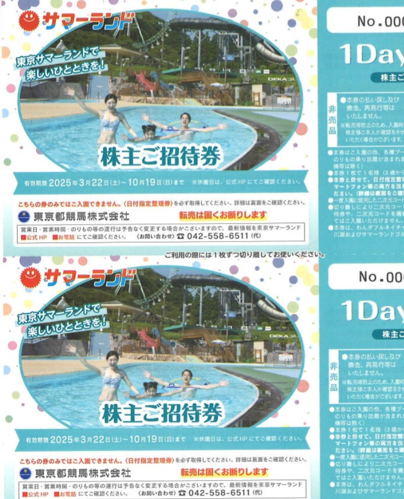 东京サマーランド株主优待券　2枚
